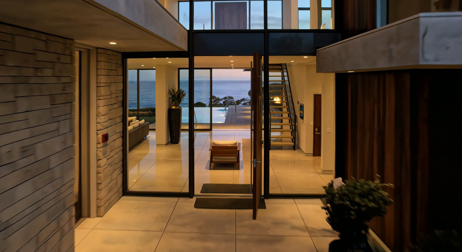 The property website open on a laptop, showing the great room at dusk.